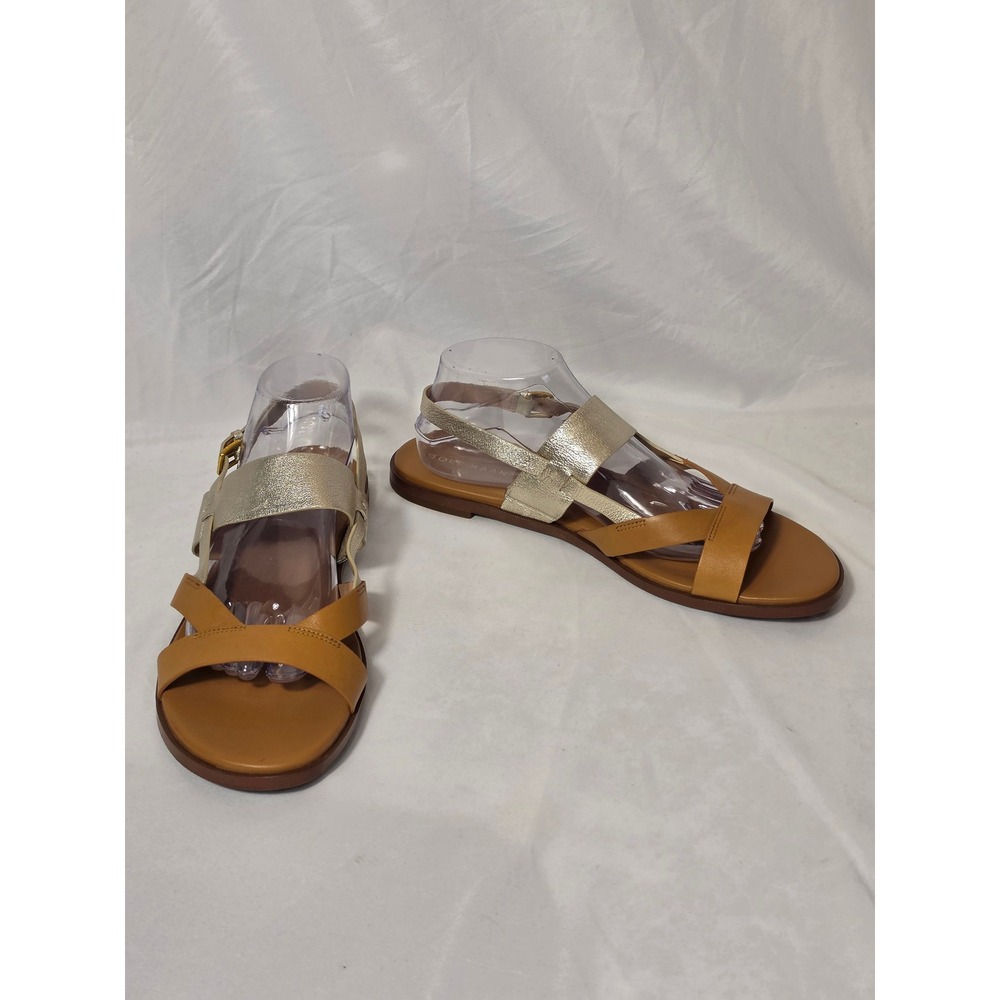 Cole Haan Anica Tan Leather Metallic Gold Strappy Flat Sandals W30285 11B
